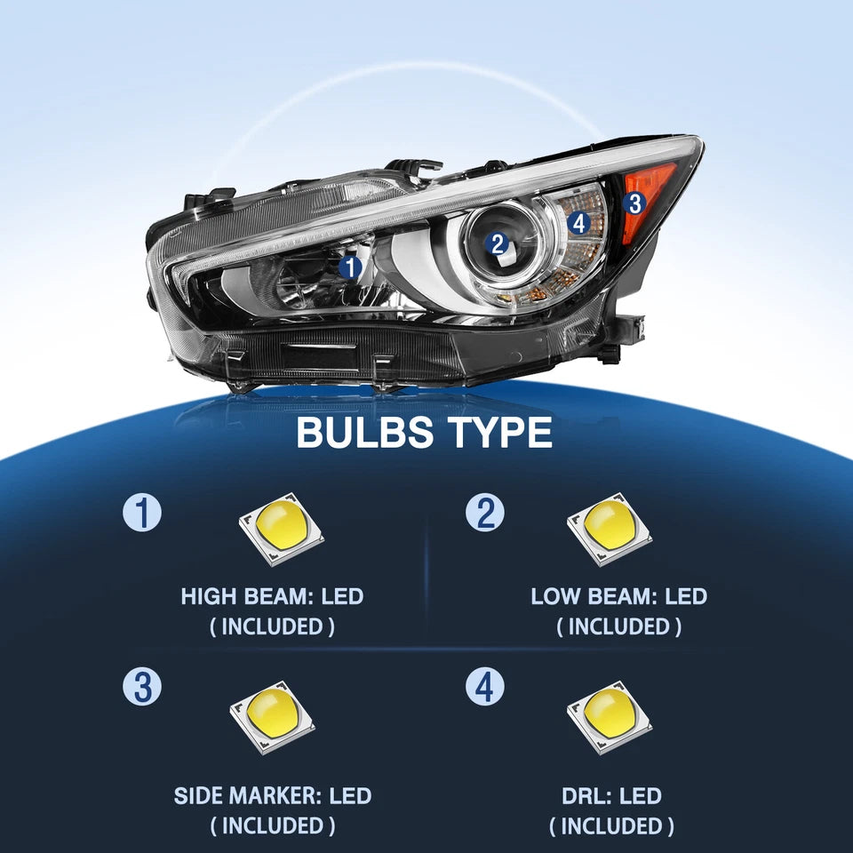 For 2014-2022 Infiniti Q50 w/o AFS LED DRL Projector Headlight Assembly Lamp L+R