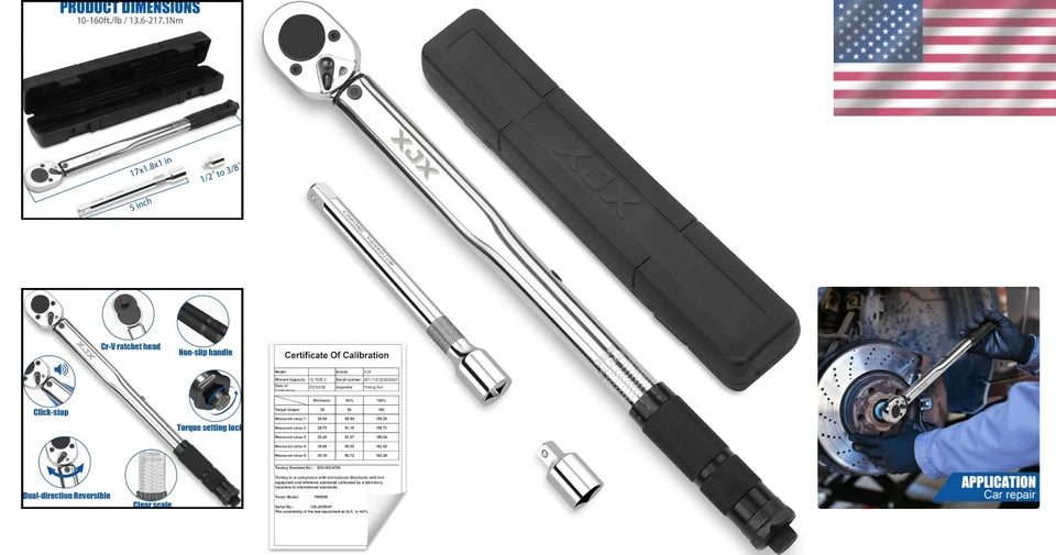 Durable 1/2-Inch Torque Wrench Set with Calibration Certificate and Accessories