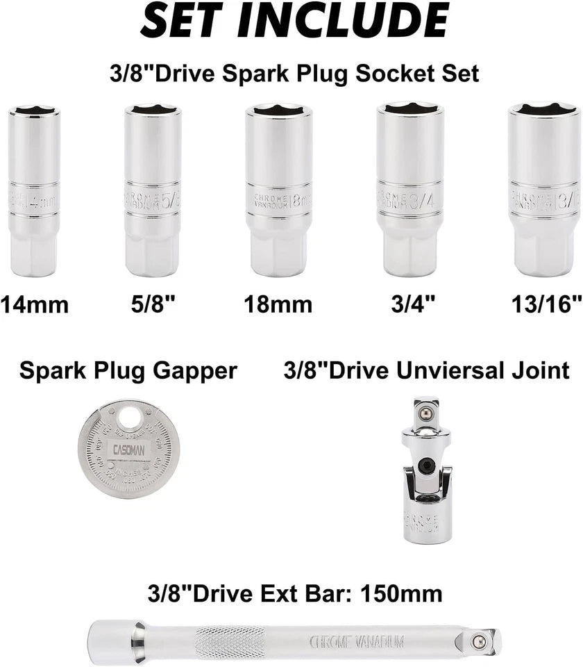 8PCS 3/8 Inch Drive Spark Plug Socket Set 6-Point Include Extension Bar CR-V