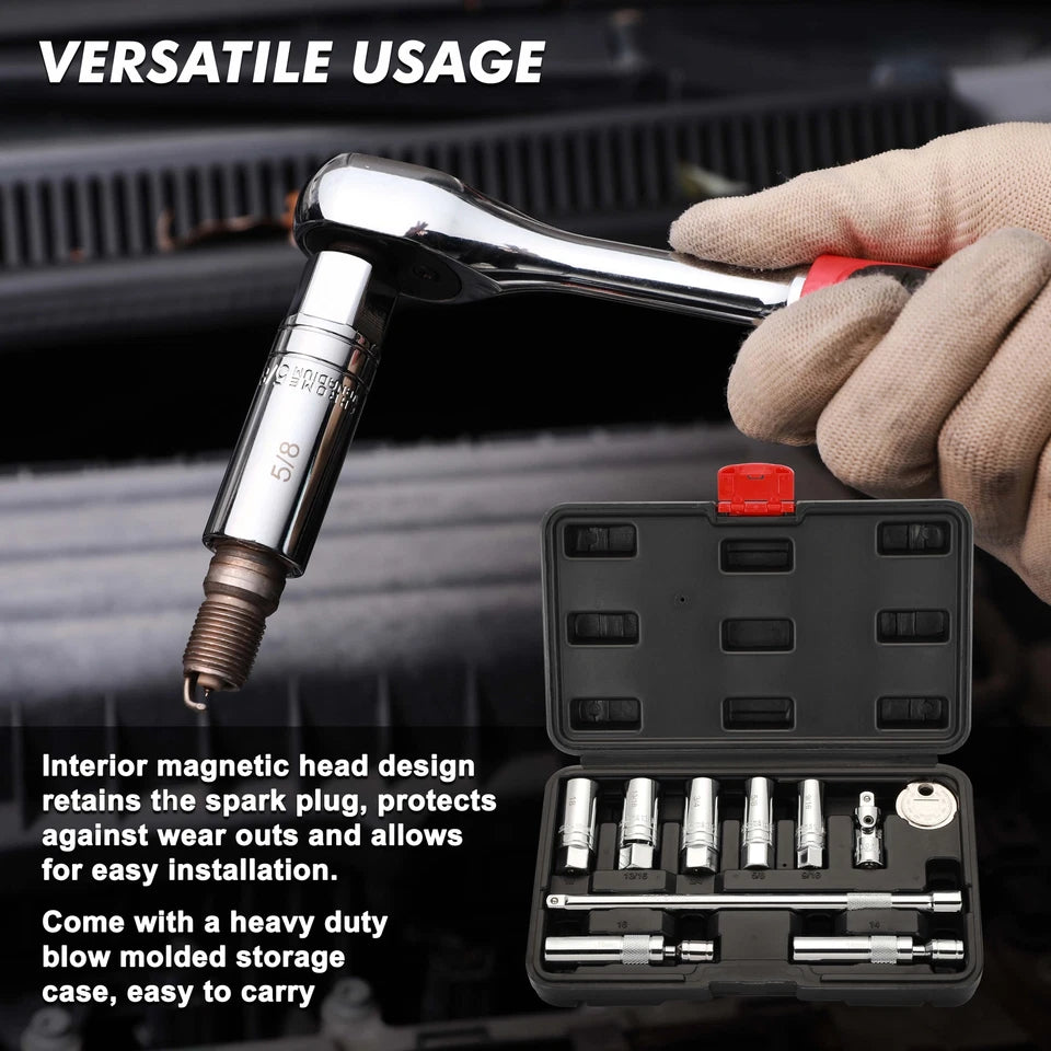 10PCS 3/8"Drive Magnetic Spark Plug Socket Set 6PT&12PT Extension Bar CR-V Steel