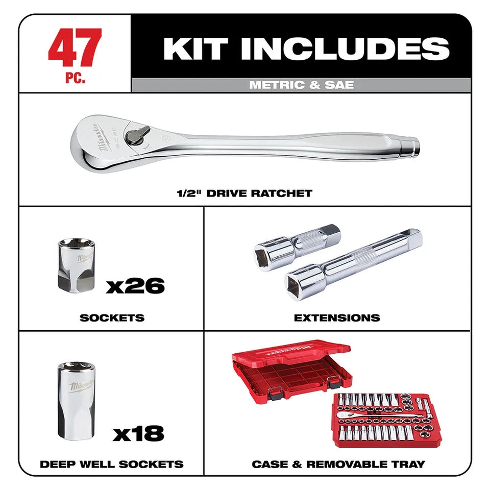 Milwaukee 48-22-9010 1/2" Drive SAE/Metric Ratchet and Socket Set- 47 PC