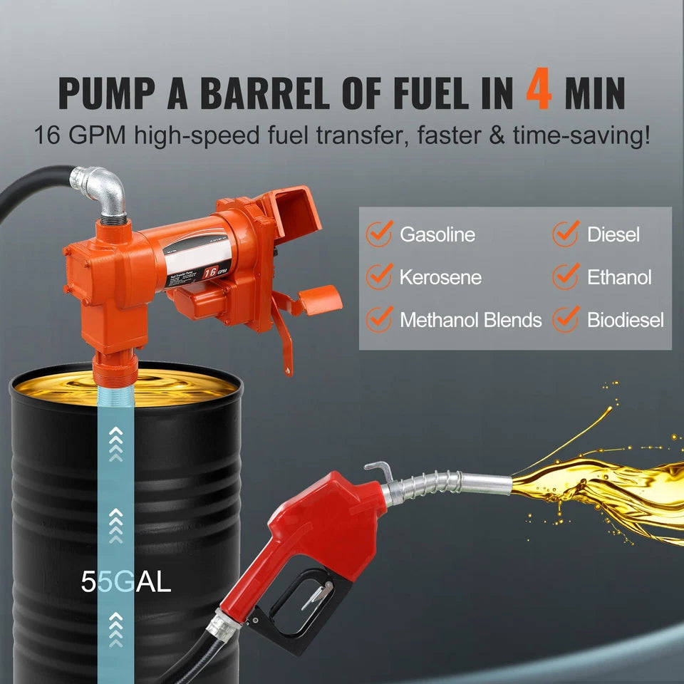 Fuel Transfer Pump Gasoline Pump 16GPM 12V with Hose & Nozzle for Diesel
