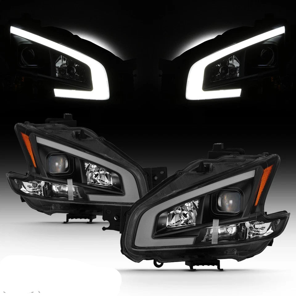 Black For 2009-2014 Maxima Square Projector Headlights w/DRL LED Light Tube sets